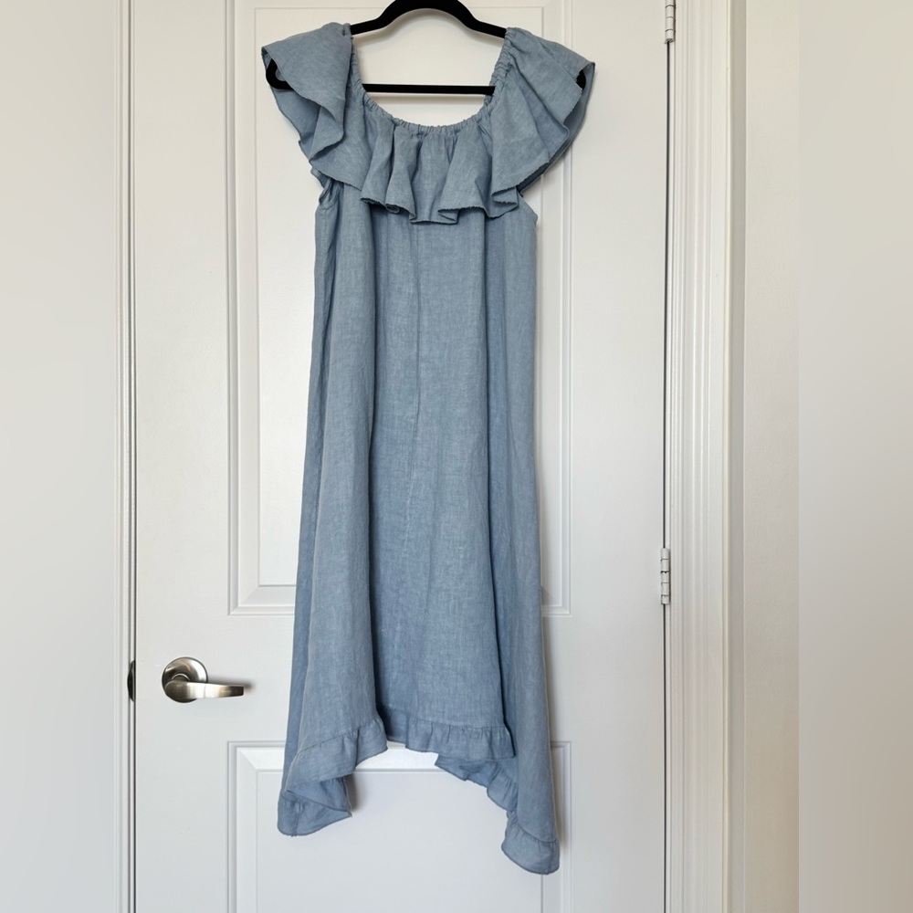 Marina Gigli 100% Linen Blue Ruffle Dress, Made in Italy, large - Picture 2 of 7